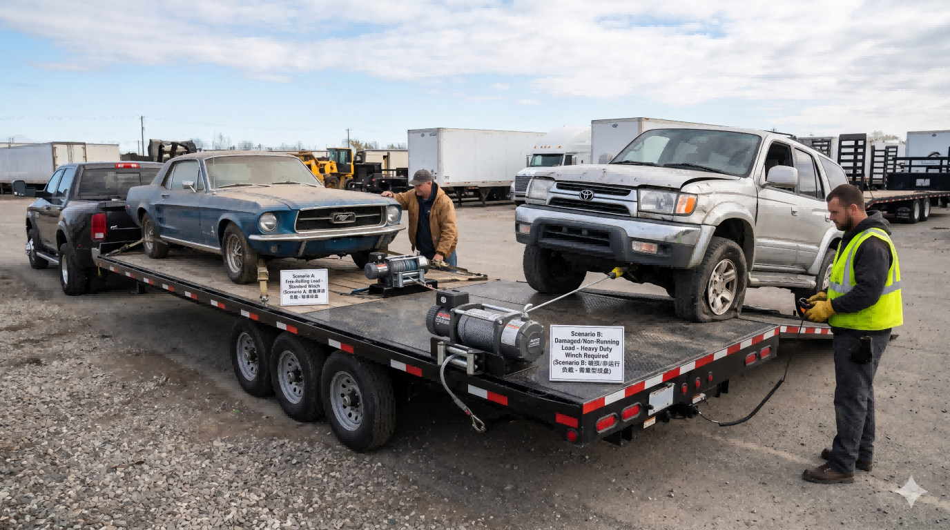 Car hauler winch sizing comparison for free-rolling vehicles versus damaged or non-running vehicles on a flatbed trailer